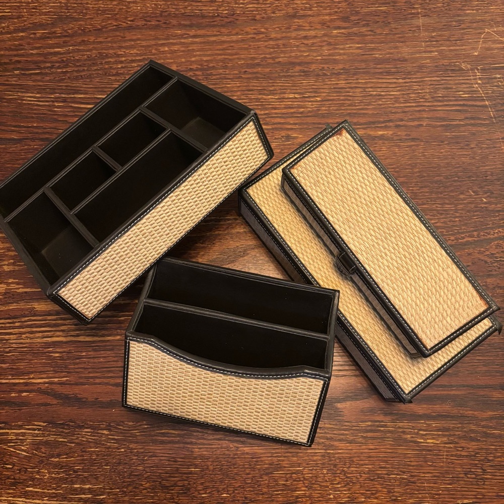 Mid-Century Modern Vintage Leather & Woven 4 Piece Desk Set for Office